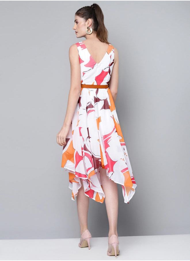 SASSAFRAS - Abstract Print Asymmetric Hem Belted Midi Dress by Styli - Image 1