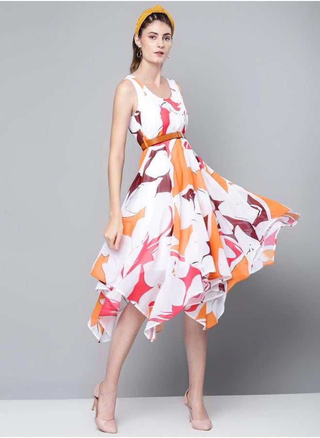SASSAFRAS - Abstract Print Asymmetric Hem Belted Midi Dress by Styli - Image 1