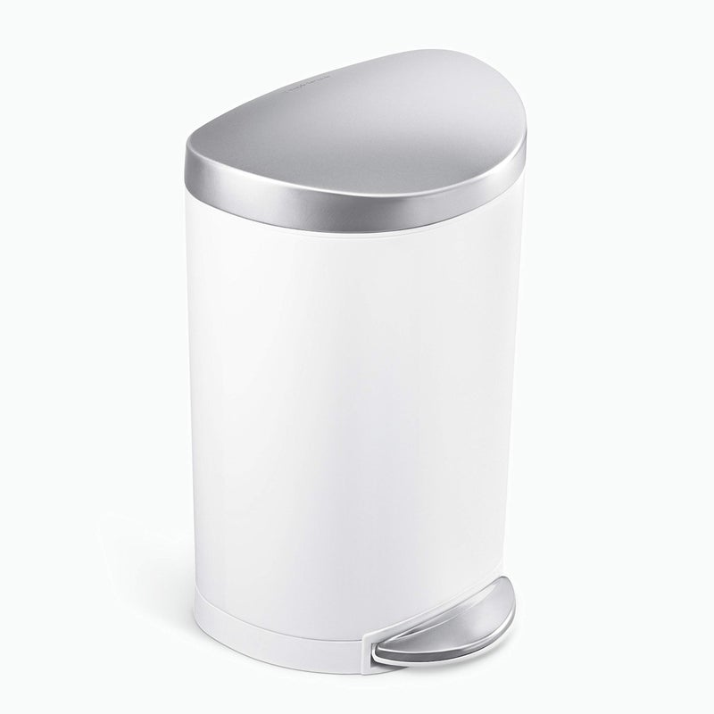 simplehuman 6 Liter / 1.6 Gallon Semi-Round Bathroom Step Trash Can, White Steel - Image 1