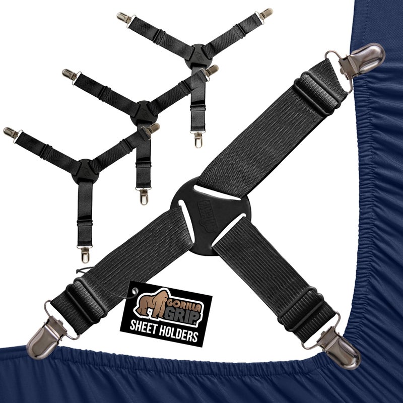 GORILLA GRIP Patent Pending Bed Sheet Holders, Adjustable Elastic Fasteners with Metal Clips, Keep in Place Fitted Bedding Straps, Firm Tight Suspenders for Mattress, US Designed, 4 Pack Black - Image 1