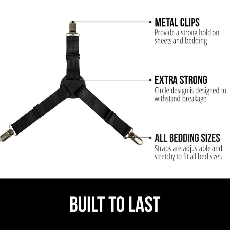 GORILLA GRIP Patent Pending Bed Sheet Holders, Adjustable Elastic Fasteners with Metal Clips, Keep in Place Fitted Bedding Straps, Firm Tight Suspenders for Mattress, US Designed, 4 Pack Black - Image 2