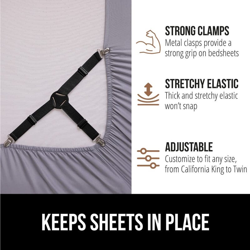 GORILLA GRIP Patent Pending Bed Sheet Holders, Adjustable Elastic Fasteners with Metal Clips, Keep in Place Fitted Bedding Straps, Firm Tight Suspenders for Mattress, US Designed, 4 Pack Black - Image 4
