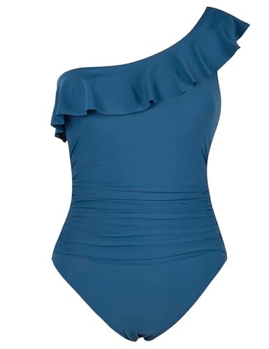 Hilor Tummy Control Swimsuits for Women One Shoulder Bathing Suits Full Coverage Swimwear Aquamarine Blue 6 - Image 1
