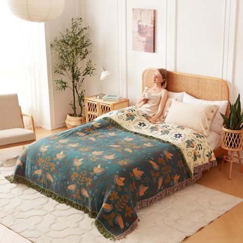 LUTBM Queen Throw Blanket for Bed 100% Cotton Boho Ultra Soft Quilt Birds and Floral Double Embroidery Fall Queen Bed Blanket Bedspread,90" x 90" All Season Blankets for Bedding Couch - Image 5