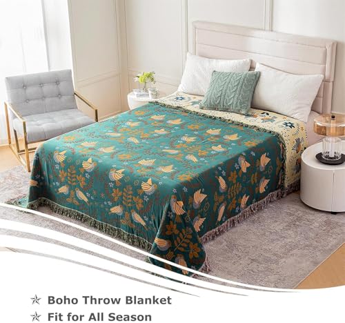 LUTBM Queen Throw Blanket for Bed 100% Cotton Boho Ultra Soft Quilt Birds and Floral Double Embroidery Fall Queen Bed Blanket Bedspread,90" x 90" All Season Blankets for Bedding Couch - Image 3