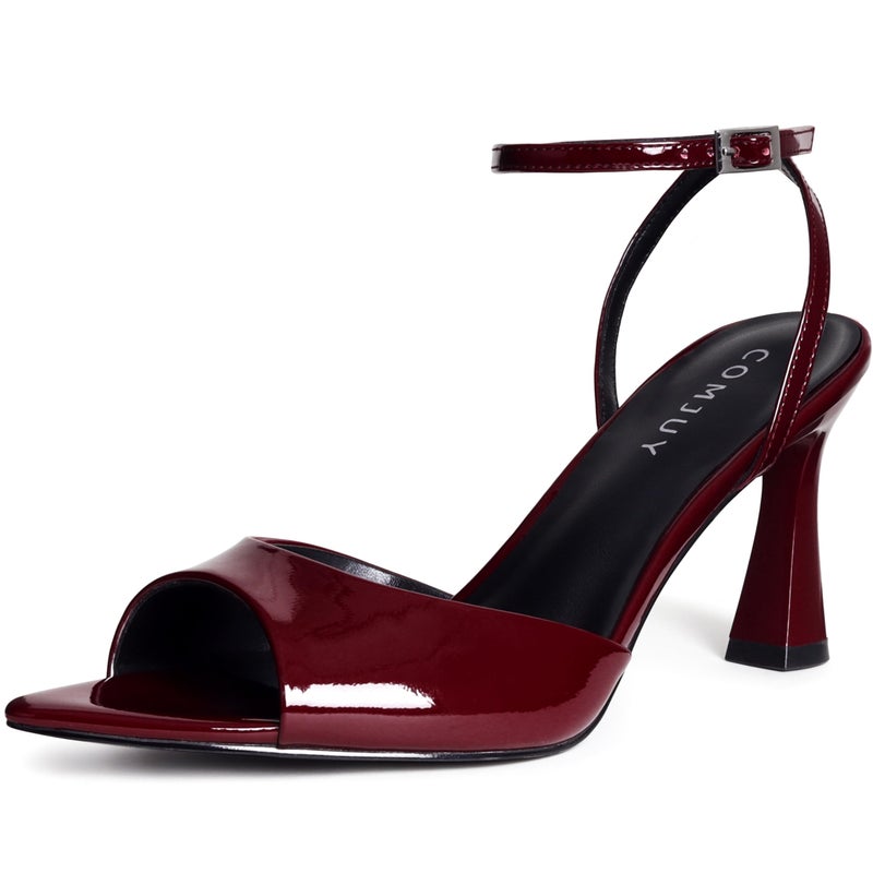 COMJUY Burgundy Heels for Women Peep Pointed Toe Kitten Heeled Sandals Strappy Flared Heels Elegant Leather Sandals Comfortable Chic Summer Prom Wedding Sexy Dress Shoes Size 9 - Image 1