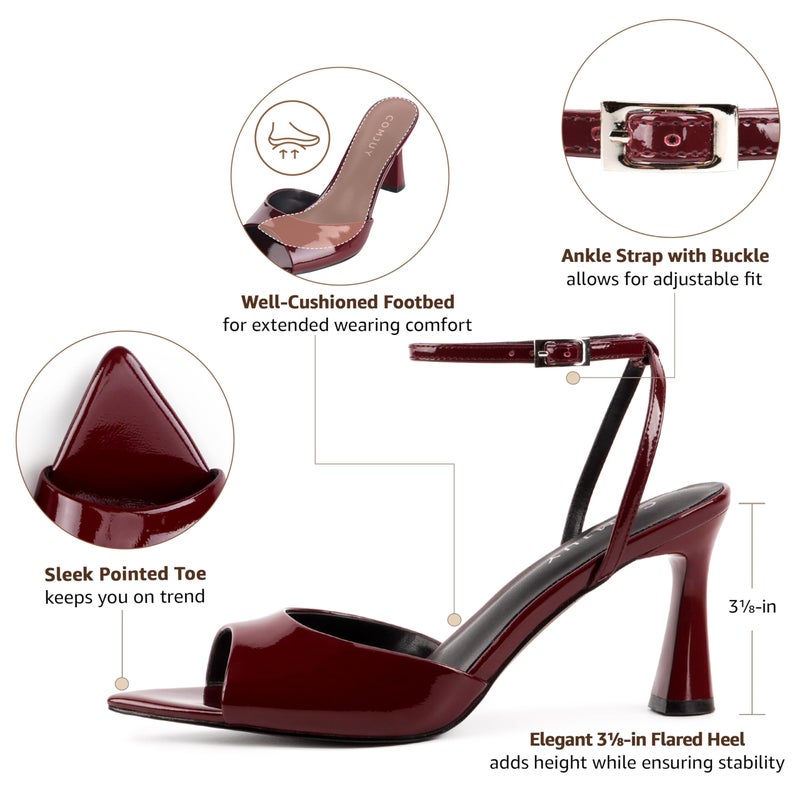 COMJUY Burgundy Heels for Women Peep Pointed Toe Kitten Heeled Sandals Strappy Flared Heels Elegant Leather Sandals Comfortable Chic Summer Prom Wedding Sexy Dress Shoes Size 9 - Image 4
