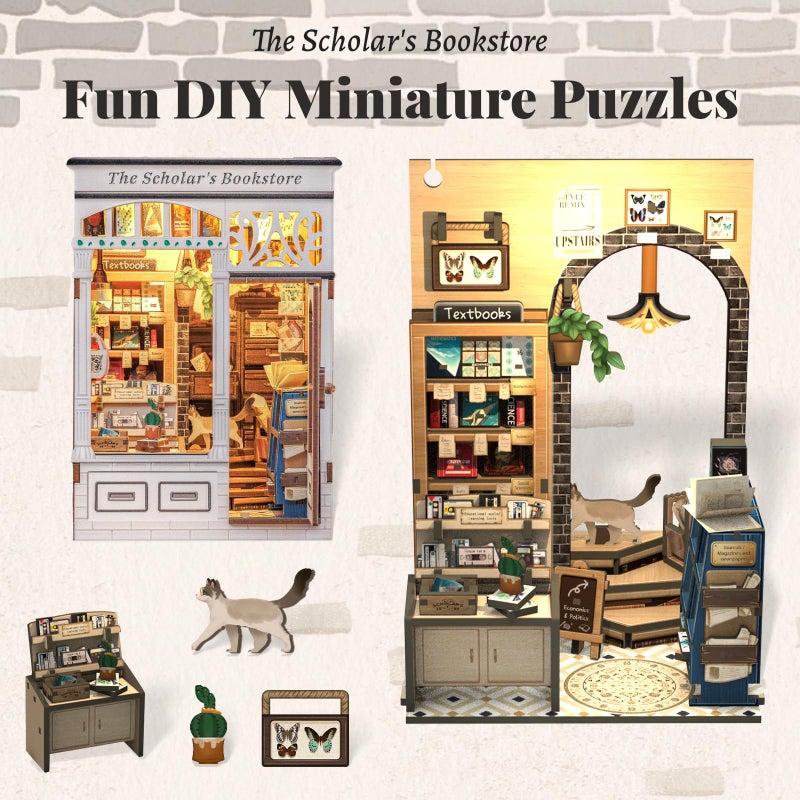 Fsolis Book Nook Kit - DIY Miniature Kit Booknook 3D Wooden Puzzles for Adults Tiny Building House Mini Bookshelf Diorama, Bookish Gifts for Women Book Lovers Readers (The Scholar's Bookstore) - Image 2