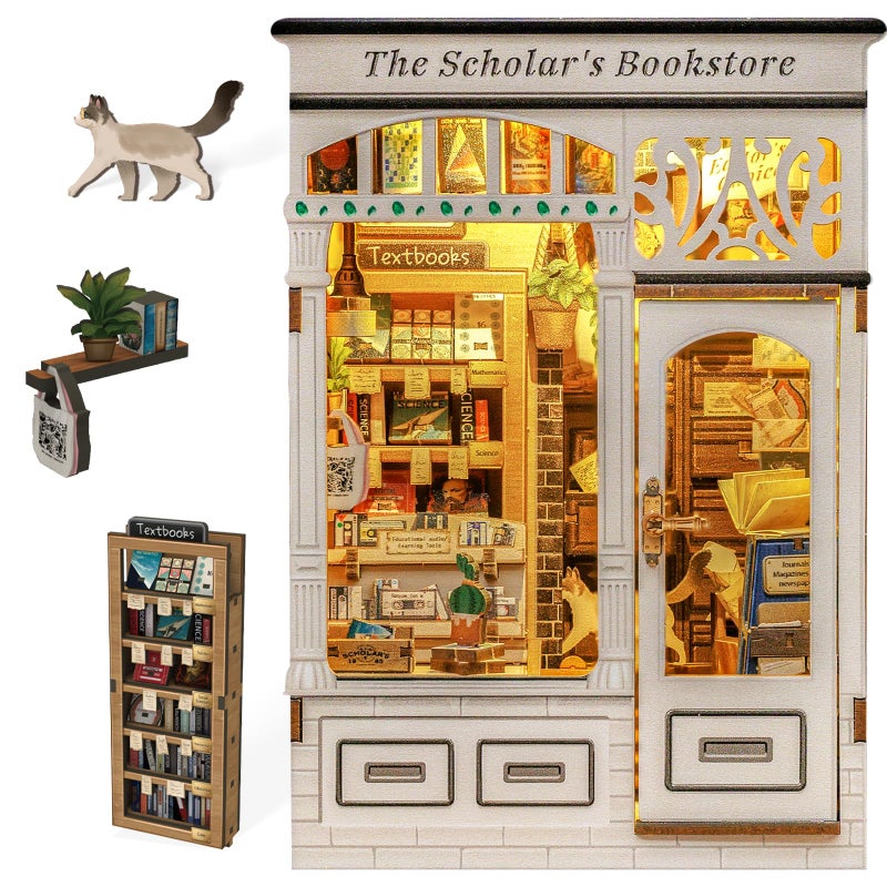 Fsolis Book Nook Kit - DIY Miniature Kit Booknook 3D Wooden Puzzles for Adults Tiny Building House Mini Bookshelf Diorama, Bookish Gifts for Women Book Lovers Readers (The Scholar's Bookstore) - Image 1
