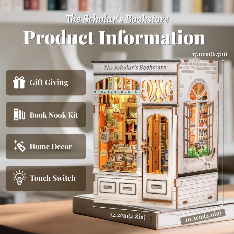 Fsolis Book Nook Kit - DIY Miniature Kit Booknook 3D Wooden Puzzles for Adults Tiny Building House Mini Bookshelf Diorama, Bookish Gifts for Women Book Lovers Readers (The Scholar's Bookstore) - Image 3