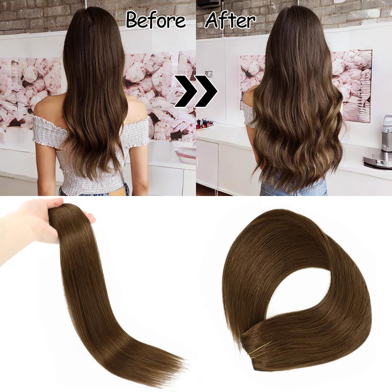mscoco Real Human Hair Extensions - 12 Inch Chocolate Brown Straight Hair with Hidden Wire and Transparent Fish Line - Image 3