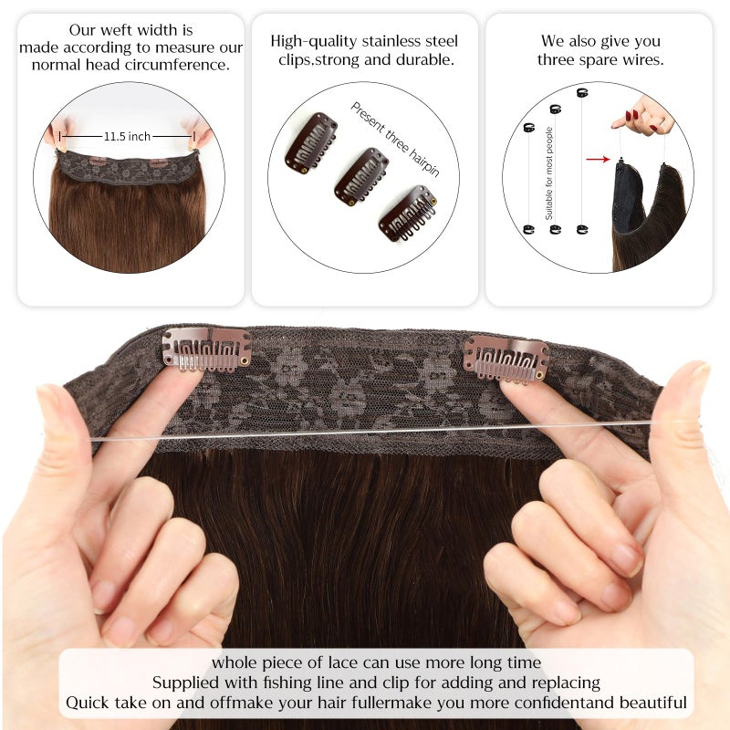 mscoco Real Human Hair Extensions - 12 Inch Chocolate Brown Straight Hair with Hidden Wire and Transparent Fish Line - Image 5
