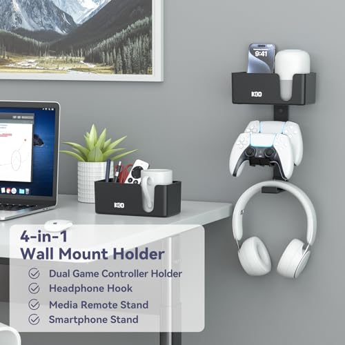 KDD 4in1 Wall Mount Controller Holder Dual Game Controller and Headphone Hanger with AntiSlip Pads for Xbox ONEX SeriesPS5PS4 Detachable Desk Storage for Media Remote Phone and Speaker - Image 3