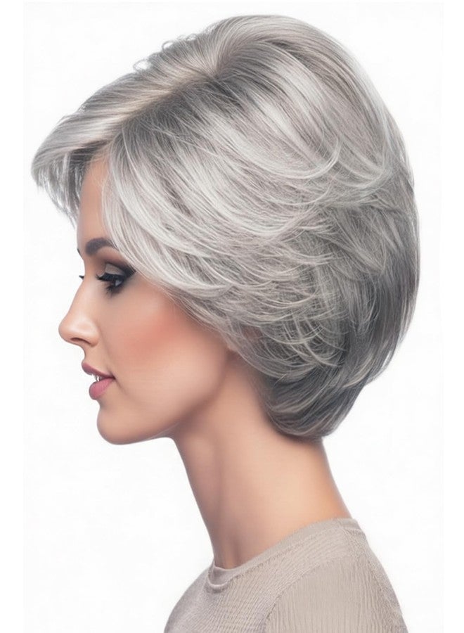 SEVENCOLORS Short Grey Wigs for White Women Layered Mixed Silver Pixie Cut Wigs Natural Wavy Short Gray Synthetic Hair Wig for Older Women - Image 1