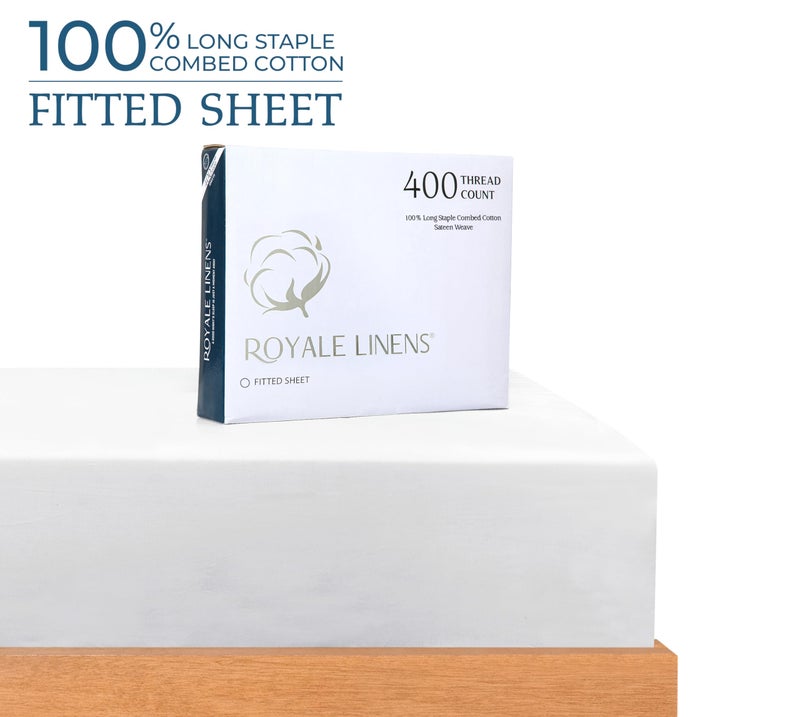 ROYALE LINENS Royale Linen 400 Thread Count 100% American Grown Cotton Fitted Sheet Twin Size - All Around Elastic Fitted Sheet - Luxury Sateen Weave - Snug Fit Bottom Sheet Fit Up to 16" (Twin, Signature White) - Image 2