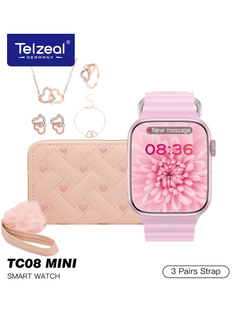 Telzeal TC 08 Mini Smart Watch With 3 Pair Strap Hand Bag Earing Ring And Chain For Ladies Pink  - Image 1