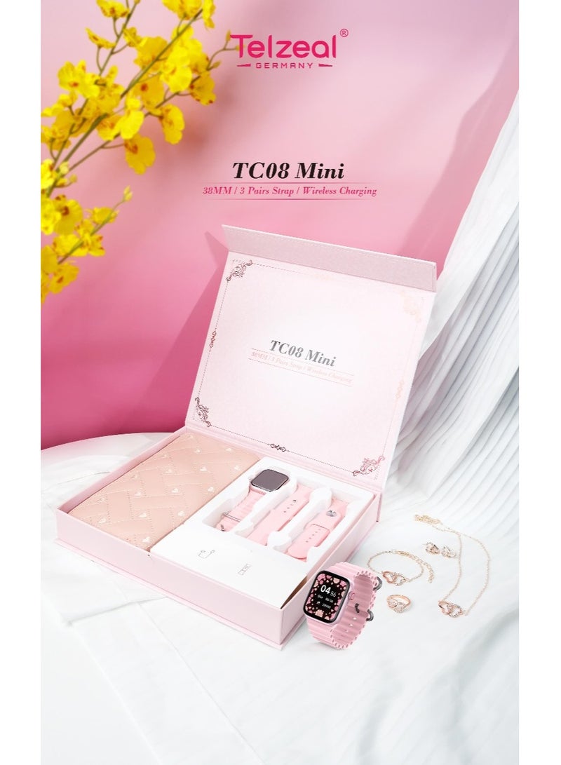 Telzeal TC 08 Mini Smart Watch With 3 Pair Strap Hand Bag Earing Ring And Chain For Ladies Pink  - Image 2