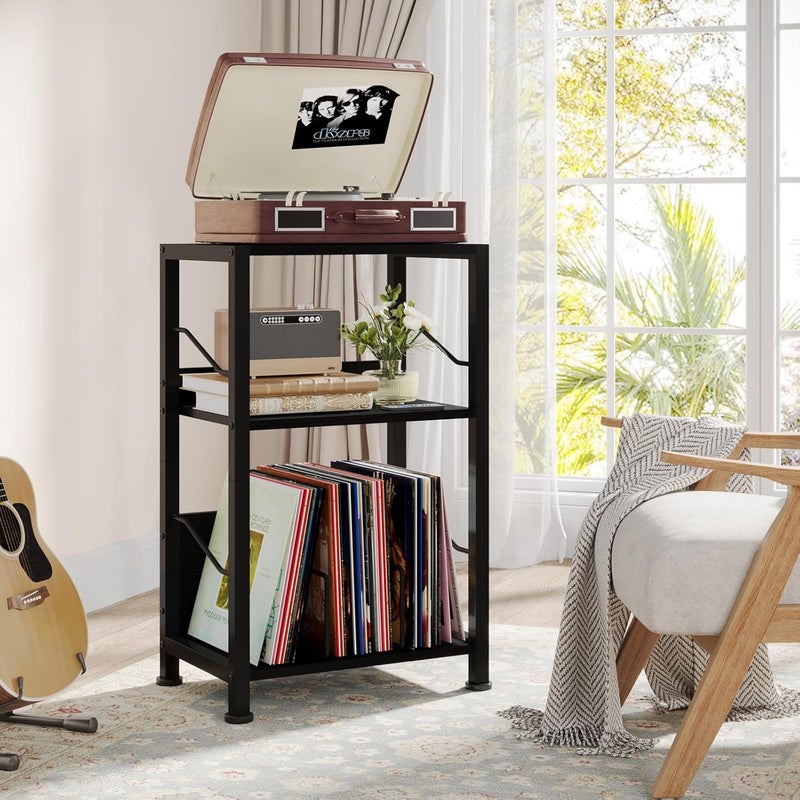 Hosfais 3-Tier Record Player Stand - Retro Vinyl Record Storage End Table Records for Living Room Bedroom (Black) - Image 2