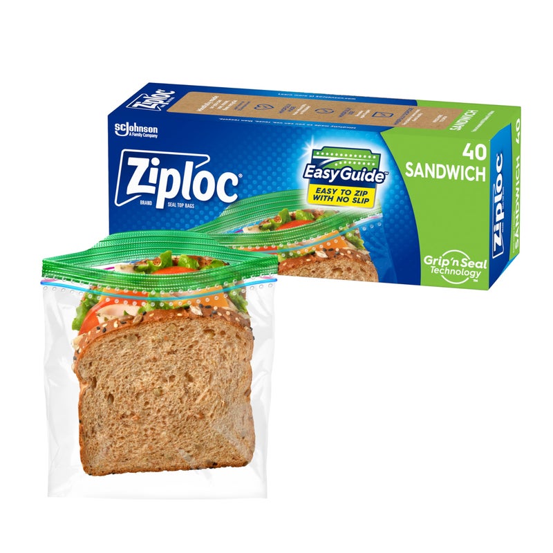 Ziploc Sandwich and Snack Bags with EasyGuide Texture Plastic Storage Bags with Grip n Seal Technology 40 Bags Total