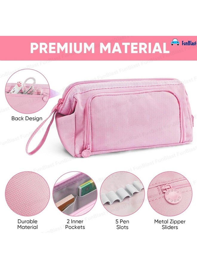 FunBlast Large Capacity Pencil Pouches, Multipurpose Zipper Pouch, Aesthetic Pencil Case for College Students, School Pouch for Girls, Stylish Cute Pen Pouch for Girls Korean Bag (Pink) - Image 4