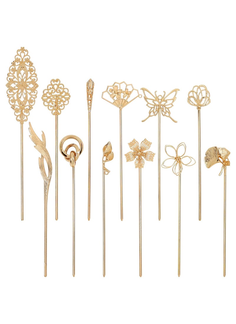 Cinaci - Cinaci 12 Pack Gold Decorative Chinese Vintage Butterlfy Flower Metal Hair Sticks Chopsticks Retro Hair Pins Forks Hairpins Hair Bun Updo Holders Long Thick Hair Accessories for Women Girls - Image 1