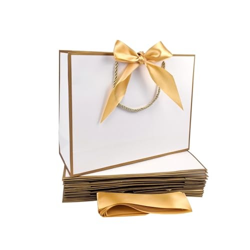 TKSBAG 12PCS Gift Bags Medium Size with Handles, 12.5 x 9.8 x 4.3 In White Gold Thank You Bags with Bow Ribbon for Wedding, Birthday, bridesmaid, Groomsmen, Party Favors, Thanksgiving, Christmas - Image 1