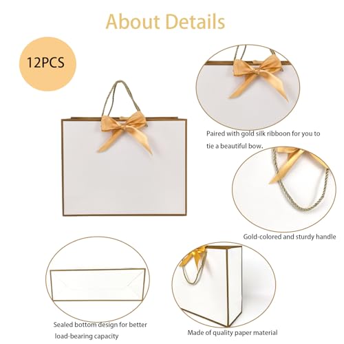 TKSBAG 12PCS Gift Bags Medium Size with Handles, 12.5 x 9.8 x 4.3 In White Gold Thank You Bags with Bow Ribbon for Wedding, Birthday, bridesmaid, Groomsmen, Party Favors, Thanksgiving, Christmas - Image 3