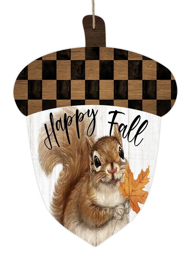 Deroro Happy Fall Squirrel Acorn Sign for Front Door Decor, Autumn Harvest Wood Door Hanger with Bow Wooden Wreath Hanging Decoration for Outdoor Outside Porch - Image 1