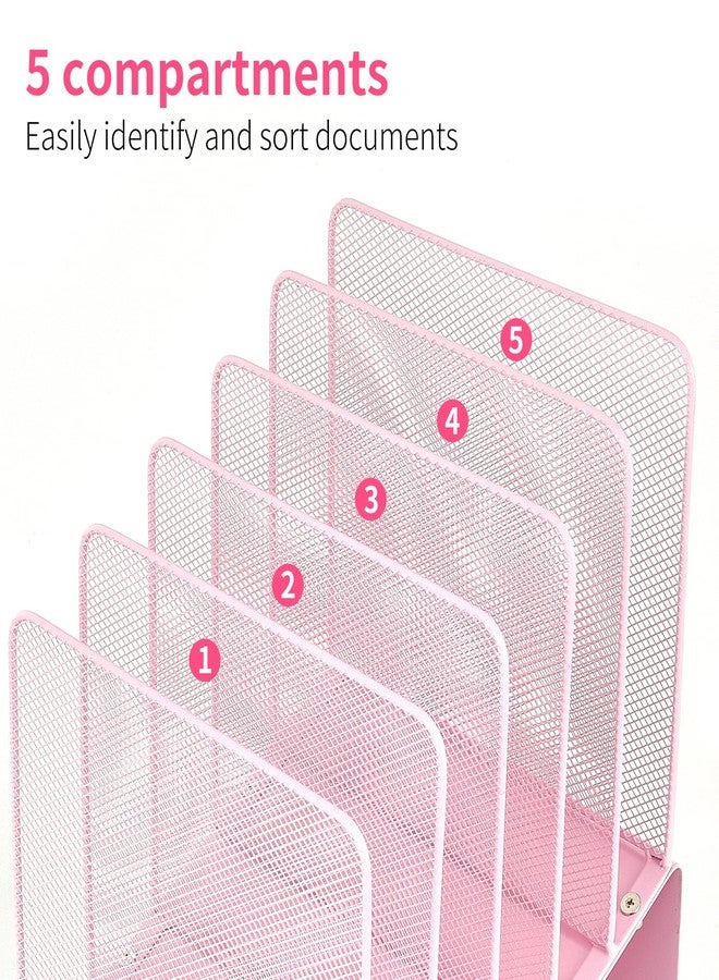 LEKETREE Desk File Organizer, 5-Section Vertical File Folder Holder Stand Metal Rack File Sorter for Office Classroom Desktop Organization (Pink) - Image 2
