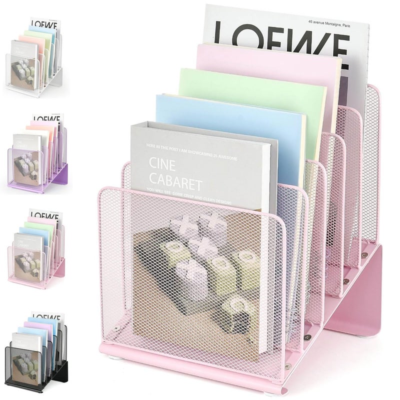 LEKETREE Desk File Organizer, 5-Section Vertical File Folder Holder Stand Metal Rack File Sorter for Office Classroom Desktop Organization (Pink) - Image 1