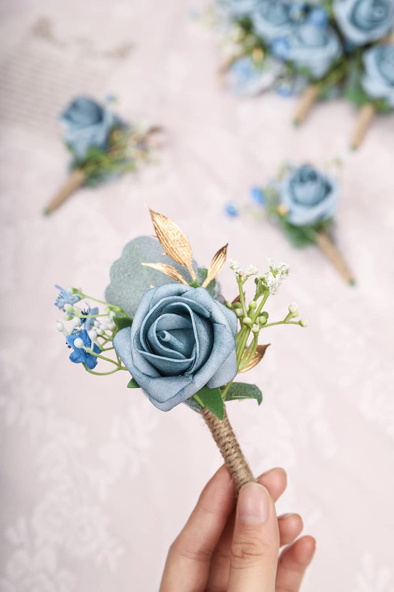 YSUCAU Rose Boutonnieres for Men Wedding Groom and Groomsmen Boutonniere for Rustic Fall Vintage Wedding Prom  Dusty Blue  Set of 2 - Image 3