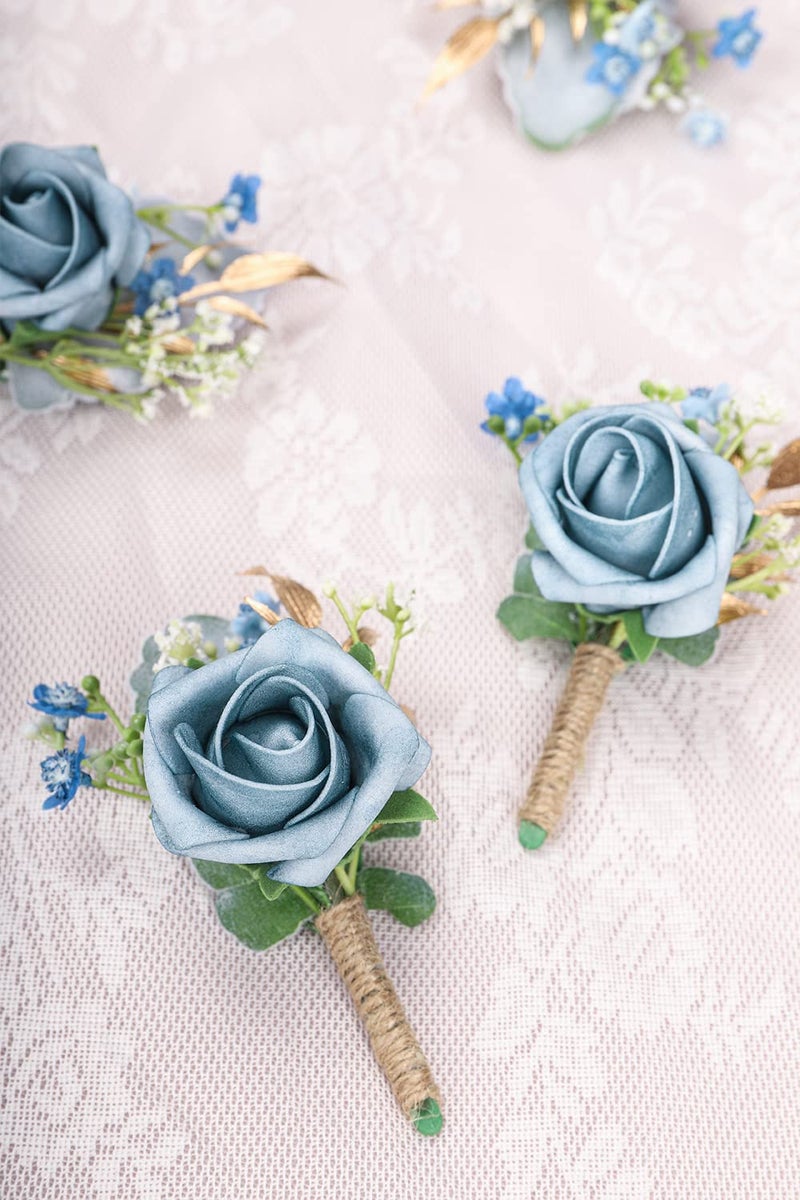 YSUCAU Rose Boutonnieres for Men Wedding Groom and Groomsmen Boutonniere for Rustic Fall Vintage Wedding Prom  Dusty Blue  Set of 2 - Image 2