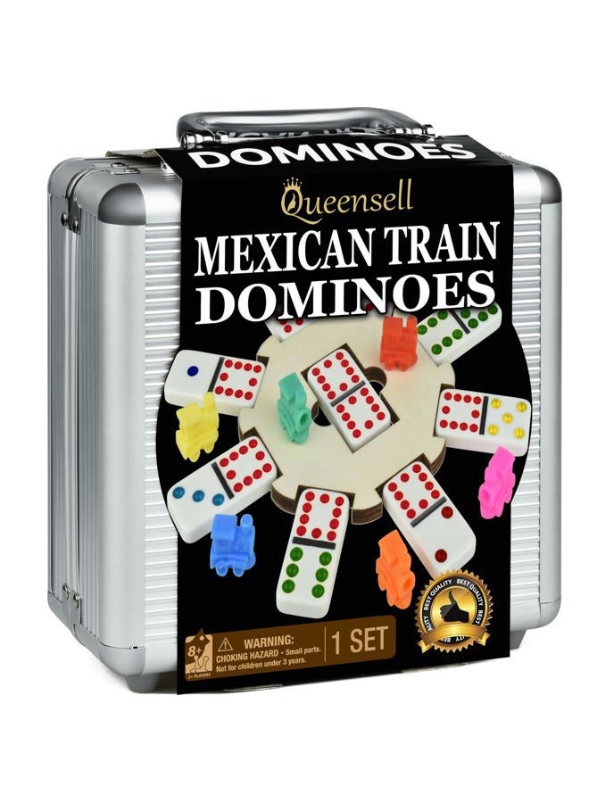 Queensell Mexican Train Dominoes Set with Wooden Hub, Domino Tile Board Games - Double 12 Dominos Set for Family Game Night for Adults and Kids Ages 8 and up (Double 12) - Image 1