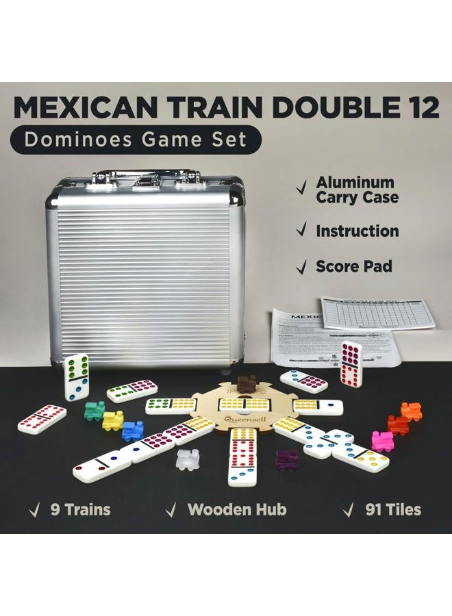 Queensell Mexican Train Dominoes Set with Wooden Hub, Domino Tile Board Games - Double 12 Dominos Set for Family Game Night for Adults and Kids Ages 8 and up (Double 12) - Image 2