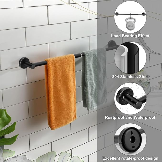 Sundry Eco-Plus Bath Towel Bar, Bath Accessories Thicken Stainless Steel Shower Towel Rack for Bathroom, Towel Holder Wall Mounted (1 Pack, Matte Black, 24 Inch) - Image 3