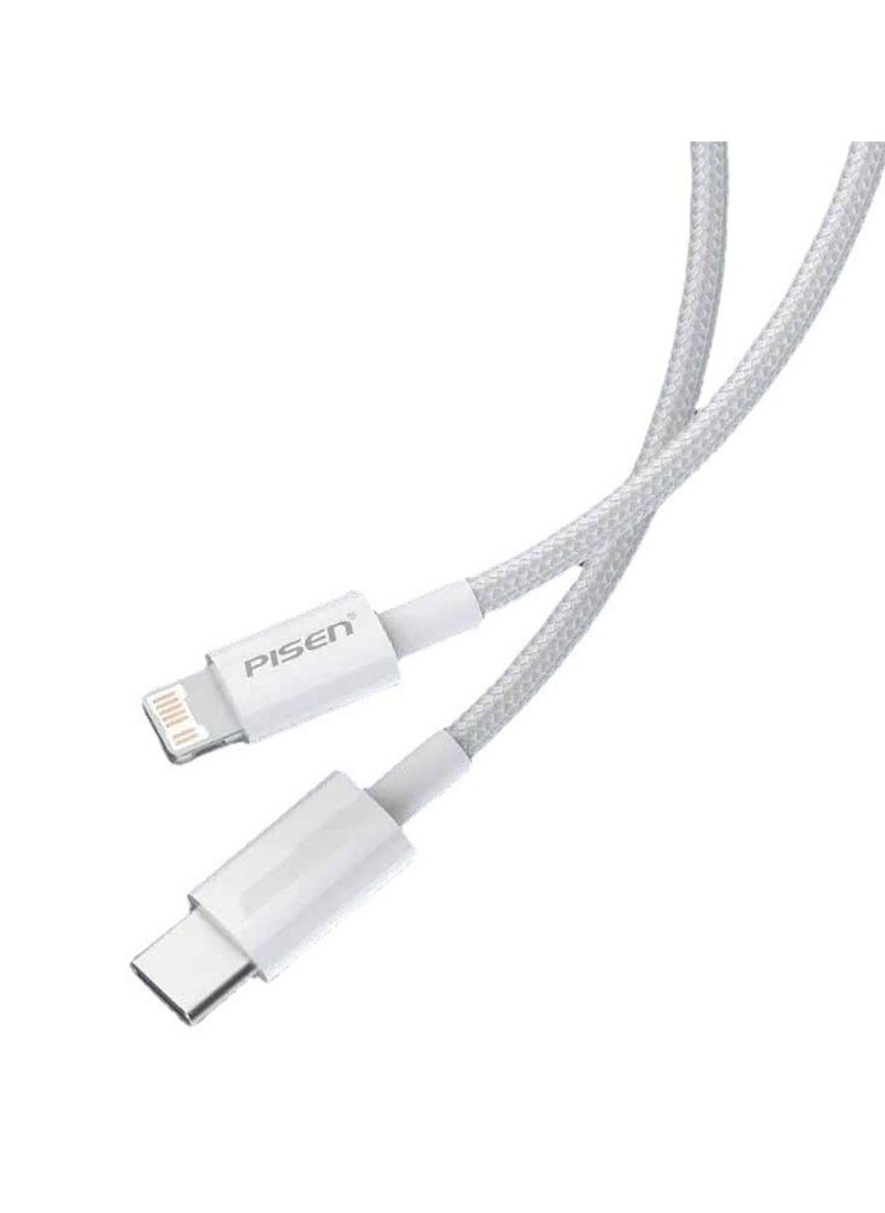 Pisen - PD 20W Premium Nylon Braided USB C to Lightning Fast Charging Cable 1.2M White - Image 1