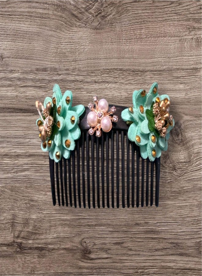 CROWNNIMREET Comb Hair Clip with Cloth Flower with Pearl Western Side Pin, Hair Accessories for Women and Girls (Sky Blue, Pack of 2) - Image 3