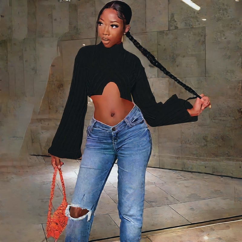 Women's Long Sleeve Round Neck Classic Fitted Irregular Cropped Sweater - Image 2