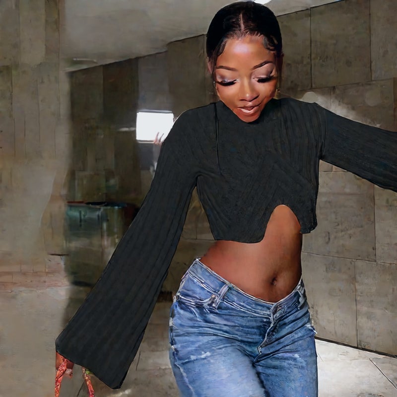 Women's Long Sleeve Round Neck Classic Fitted Irregular Cropped Sweater - Image 3