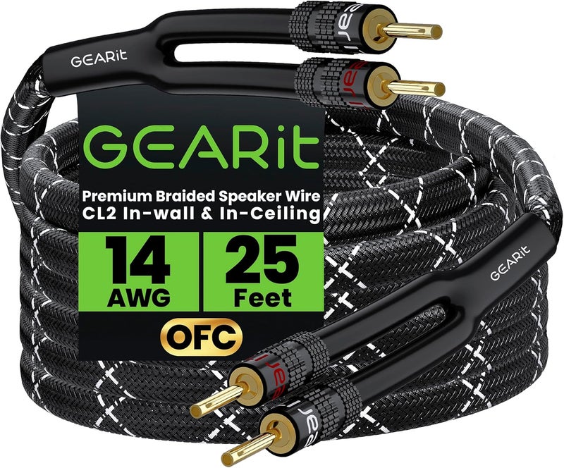 GearIT 14AWG Premium Heavy Duty Braided Speaker Wire Cable (25 Feet) Dual Gold Plated Banana Plug Tips - In-Wall CL2 - Oxygen-Free Copper (OFC) Black - Image 1