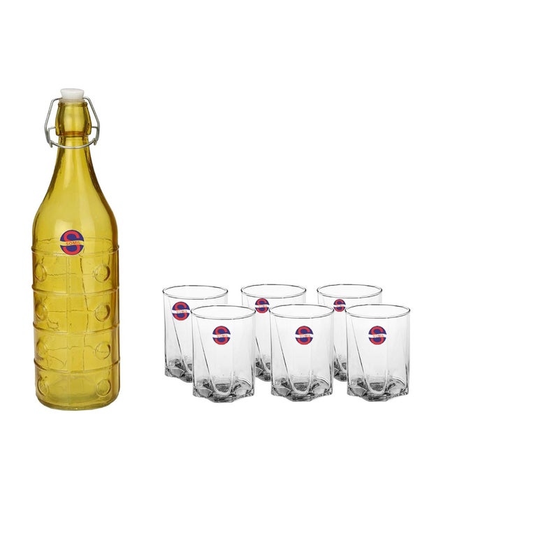 Somil Glass and Bottle Water Other Hot Cold Beverage Serving Set for Home Bar Restaurant 6 Glasses 1 Lt Bottle Yellow Transparent - Image 1