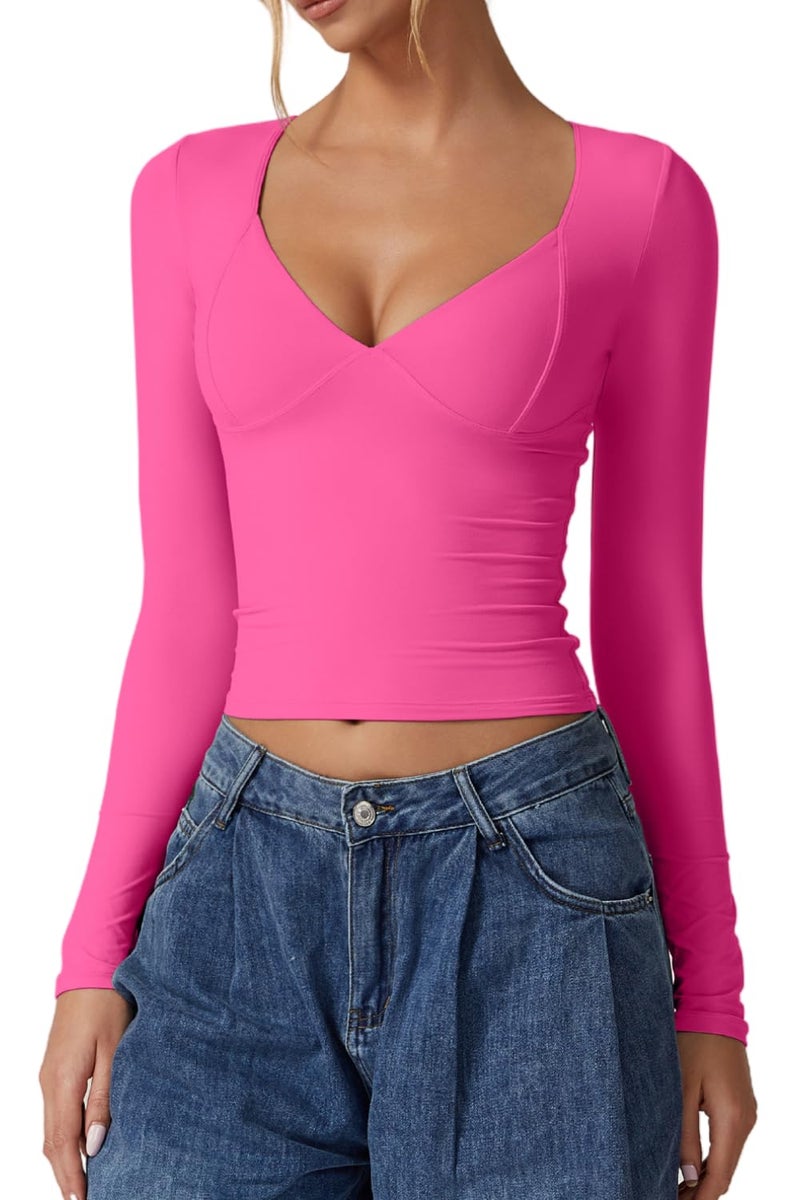 QINSEN Long Sleeve Shirts for Women Seamed Cup V Neck Double Lined Tee Shirt Going Out Tops Magenta S - Image 1