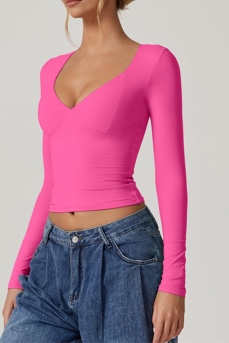 QINSEN Long Sleeve Shirts for Women Seamed Cup V Neck Double Lined Tee Shirt Going Out Tops Magenta S - Image 4