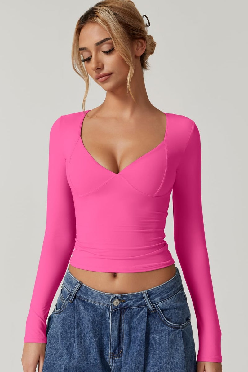 QINSEN Long Sleeve Shirts for Women Seamed Cup V Neck Double Lined Tee Shirt Going Out Tops Magenta S - Image 5