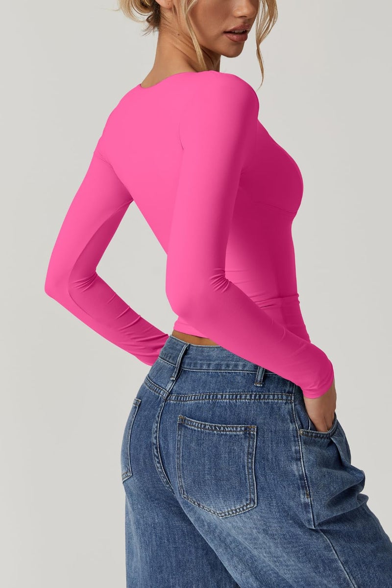 QINSEN Long Sleeve Shirts for Women Seamed Cup V Neck Double Lined Tee Shirt Going Out Tops Magenta S - Image 2