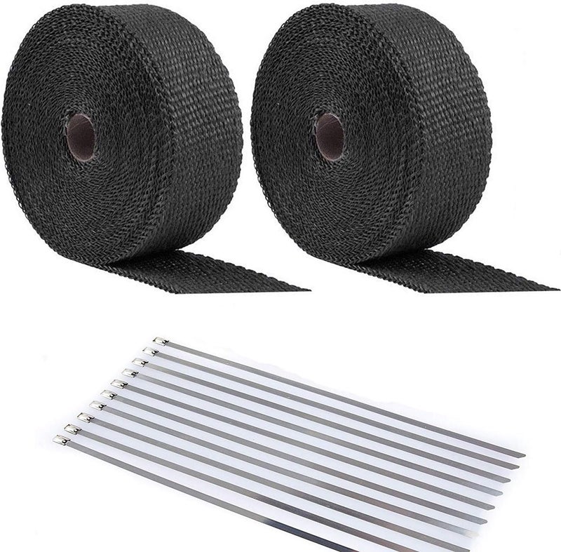 ANTS PART 20Pcs Ties + 2 Roll x 50FT Black Motorcycle Exhaust Heat Wrap Roll Fiberglass Heat Shield Tape (2 Roll + 20 Ties Kit) - Image 1