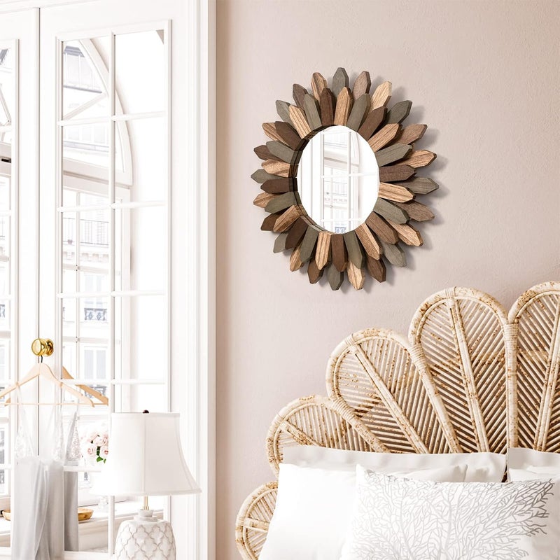 Emfogo Wall Mirror 12 inch Rustic Wood Sunburst Boho Mirror Farmhouse Wall Decor Room Decor Home Decor for Bedroom Living Room Entryway (Tri-color) - Image 2
