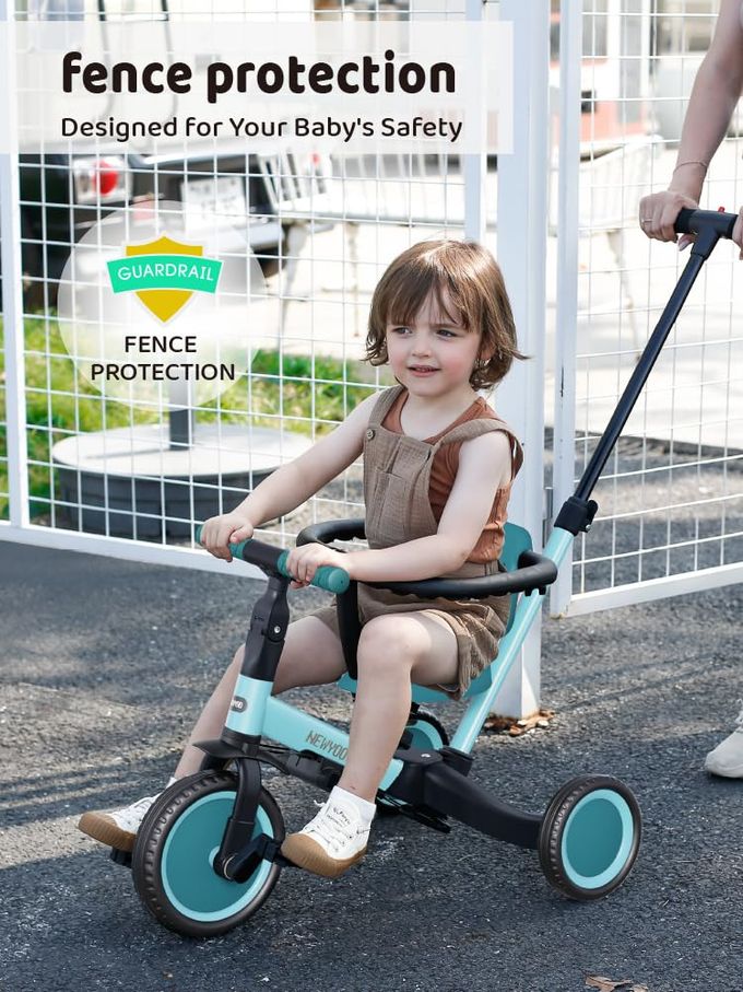 newyoo TR008 Toddler Push Tricycle, Toddler Bike for 1-3 Years Olds, Birthday Gift for Boys and Girls, 5 in 1 Balance Bike with Handle, Kids Trike with Safe Bar, Green - Image 5
