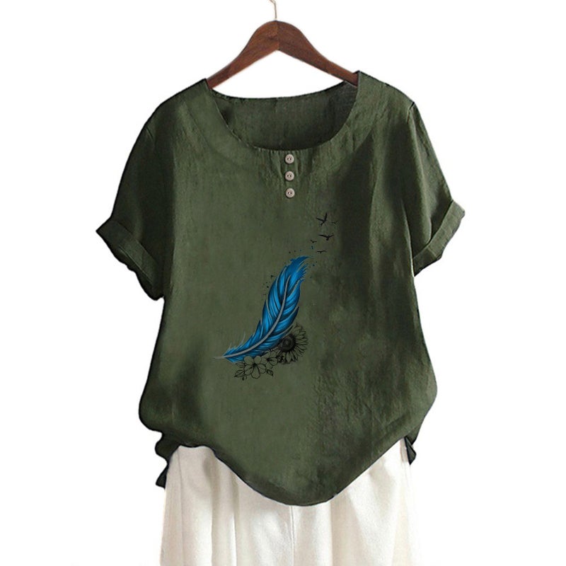new cotton and linen women's floral feather print decorative button loose casual round neck short sleeve t-shirt - Image 1