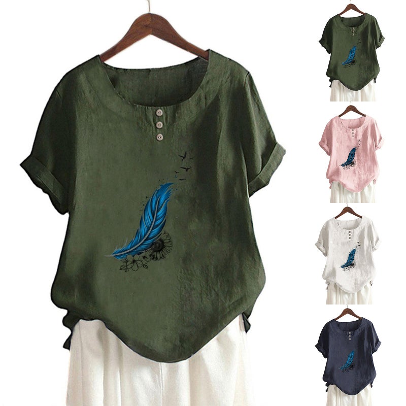new cotton and linen women's floral feather print decorative button loose casual round neck short sleeve t-shirt - Image 2